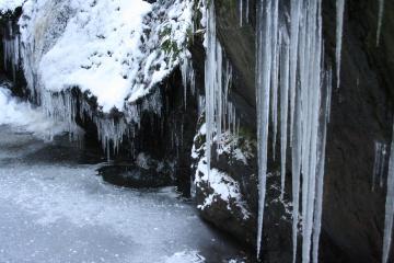 水面が凍り、上部から垂れ下がった柱状の氷が大きく伸びて成長したつららの写真