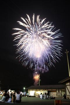 夜空に打ちあがった大きな花火を見上げる見物客の写真