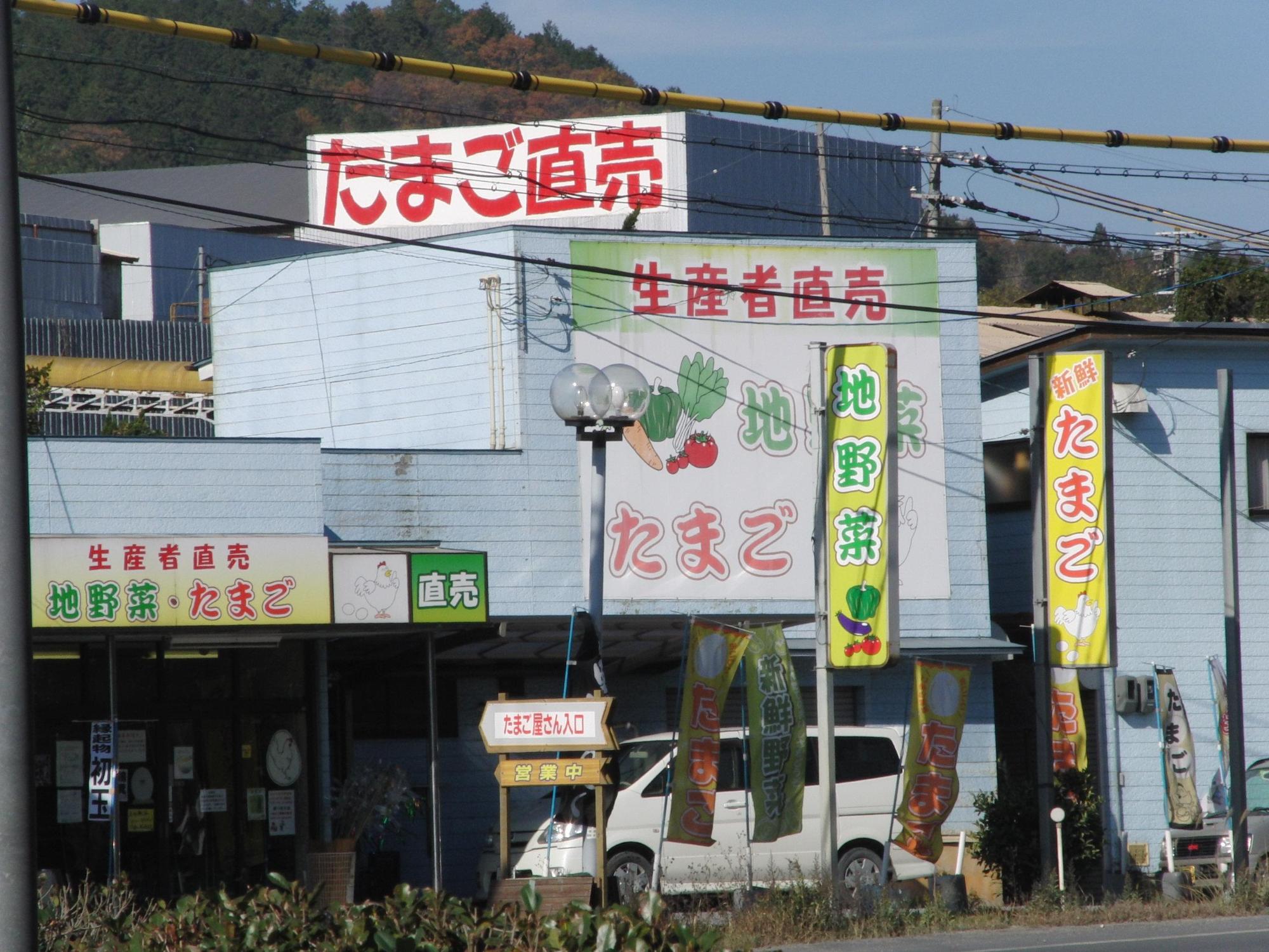 建物の壁や看板に地野菜、たまごと書かれているみずほファーム みずほ店の外観写真