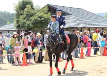 ボーダーの服を着た男の子と制服を着た騎馬隊職員の女性が黒い馬の背に乗っている乗馬体験の写真