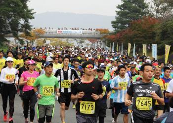 胸に黄色いゼッケンを付けた沢山のランナーが沿道を走っている写真
