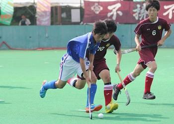 えんじ色のユニフォームを着た選手と紺色のユニフォームを着た選手がスティックを持ち、白いボールを取ろうと競り合っているホッケーの試合の写真