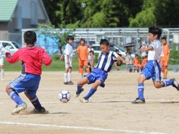 青と白のストライプのユニフォームを着た選手が飛んできたサッカーボールを蹴ろうとしており、白いユニフォームの選手がボールを奪おうと横から走ってきている「うり坊カップ2012」の試合の写真