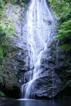 巨大な岩の斜面を流れ落ちる水が白い線（琴糸）の様に見える美しい琴滝の写真