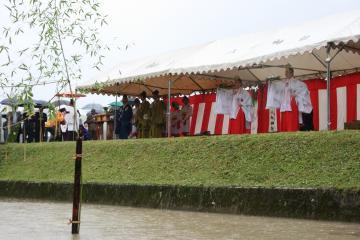 水の張った田んぼの前に紅白幕が張られたテントが建てられ、雨の降る中、テントの中で2人の巫女が八坂舞を踊っている写真