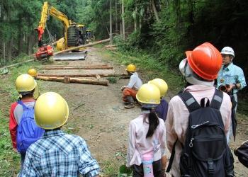 林道に伐採された木が転がっており、林業機械で木材を持ち上げる作業をしており、その様子を離れた場所から参加者が見学している様子の写真