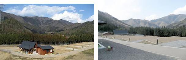 左側：山々に囲まれた広々とした土地に建てられた、京丹波町農林業体験公園 アグリパークわちの建物の写真、右側：野菜等の植え付けが体験できる体験農園とその奥に広がる山々の写真