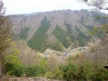 緑の葉が付き始めている山の下の部分と緑の部分が少ない山頂付近を映した山肌の風景写真