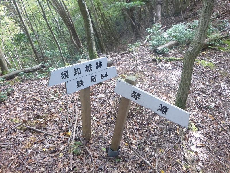 須知城跡、鉄塔84、琴滝の方向をそれぞれ指した看板がある登山道尾根合流点の写真