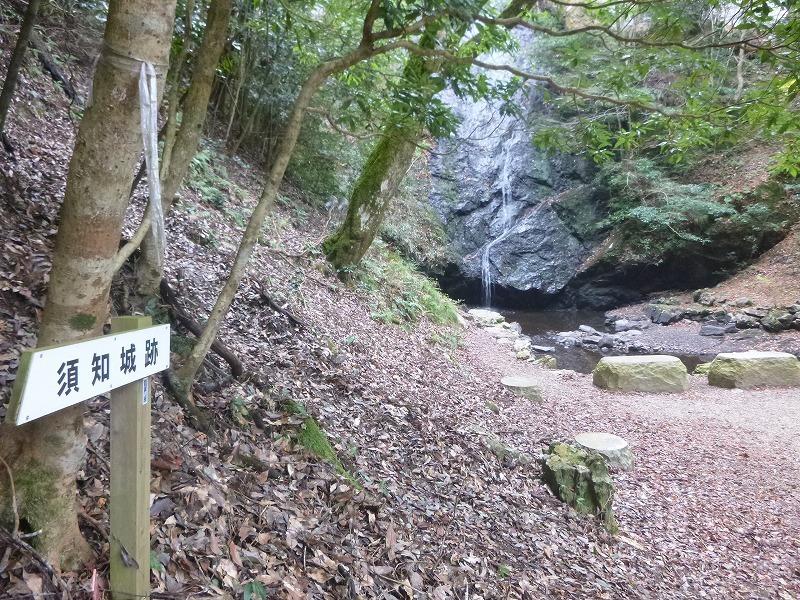 山中を流れる琴滝と、その近くに須知城跡の方向を指した看板がある写真