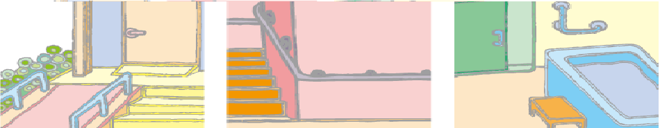 左：階段のある玄関前にスロープが付けられているイラスト、中央：家の階段、廊下に手すりが付けられているイラスト、右：お風呂場の扉と浴槽の横の壁に手すりが付けられているイラスト